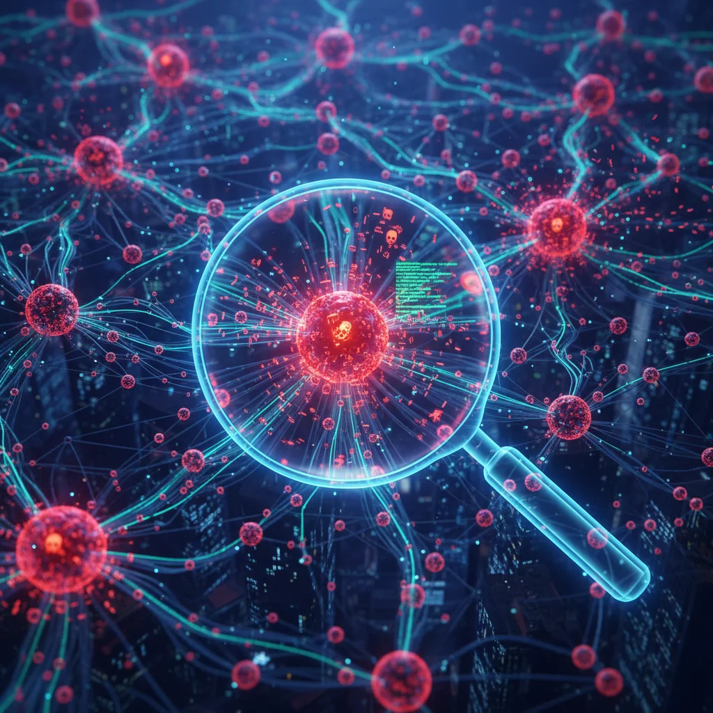 Complex network of data nodes with highlighted vulnerabilities and analysis