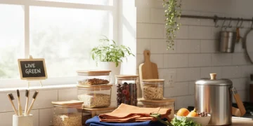 Eco-friendly kitchen counter with reusable items for waste reduction