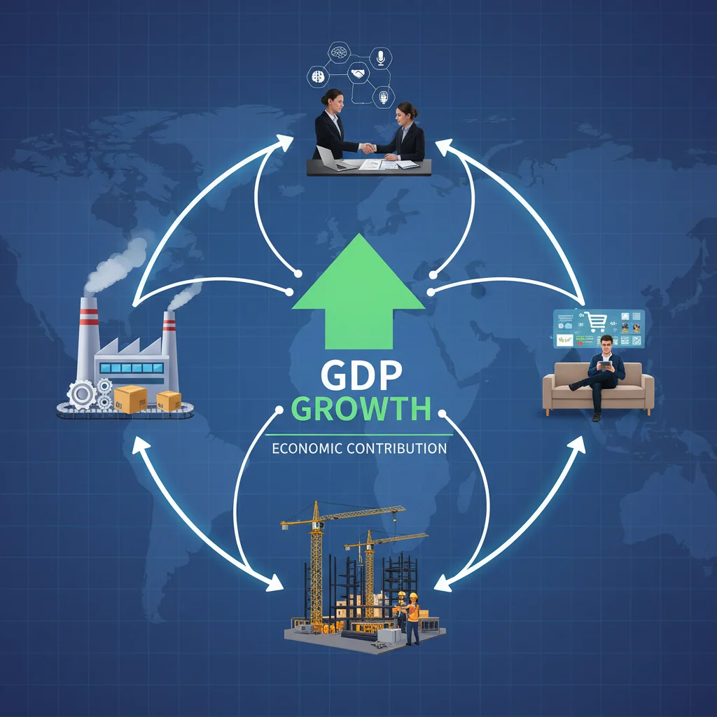 Diverse economic sectors contributing to GDP growth, including manufacturing, retail, construction, and services