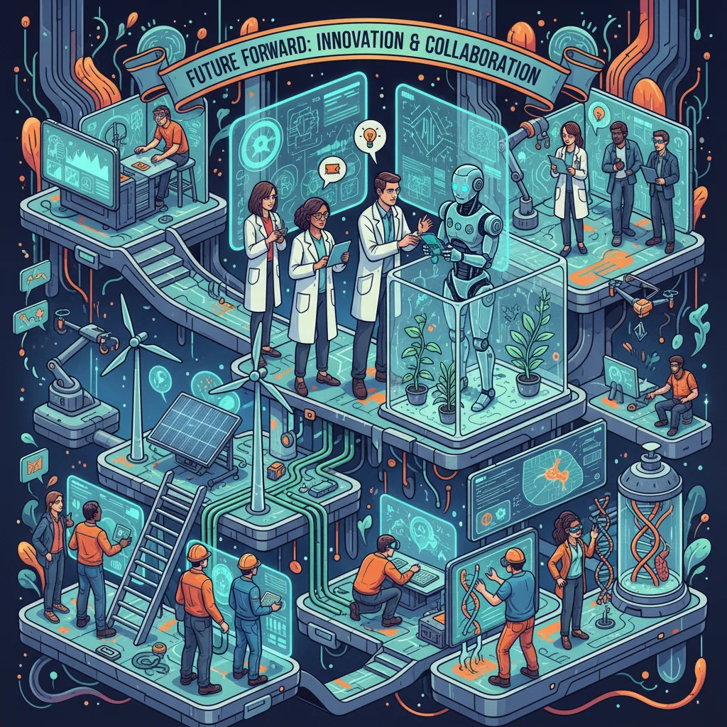 Professionals engaging with emerging technologies like AI, robotics, and green energy.