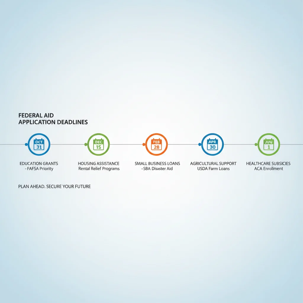 Infographic showing critical federal aid application deadlines for education, housing, and business.