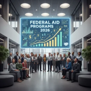 Federal Aid Programs 2026: New Benefits & Application Deadlines This Quarter Diverse individuals view 'Federal Aid Programs 2026' on a screen, symbolizing access to government assistance.