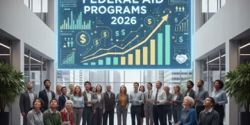 Diverse individuals view 'Federal Aid Programs 2026' on a screen, symbolizing access to government assistance.