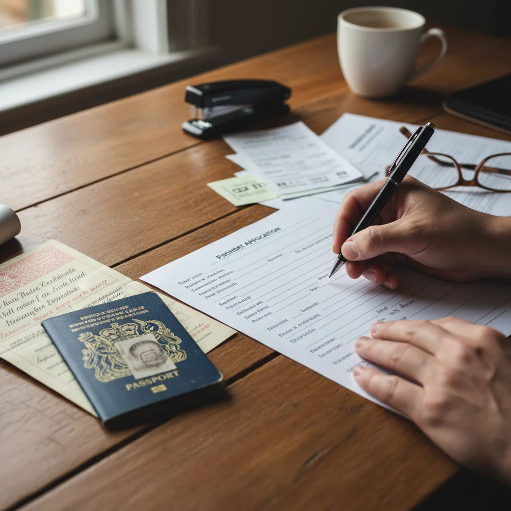 Person meticulously filling out a passport renewal application form with necessary documents.