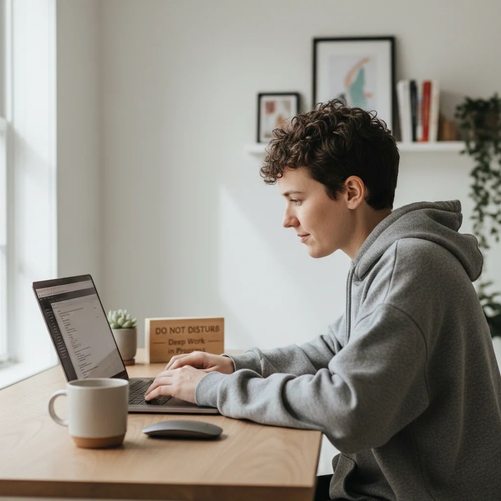 Individual deep in focused work, eliminating distractions for productivity
