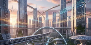 Futuristic city skyline with advanced infrastructure projects, symbolizing 2026 spending and economic growth.