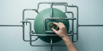 Bird's-eye view of a hand adjusting a brass gear within a network of stainless steel pipelines surrounding a matte green globe, symbolizing global trade and economic interconnectedness.