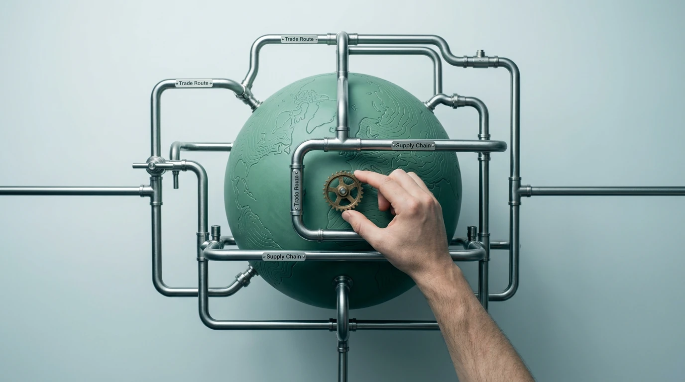 Bird's-eye view of a hand adjusting a brass gear within a network of stainless steel pipelines surrounding a matte green globe, symbolizing global trade and economic interconnectedness.