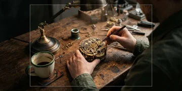 Close-up of hands meticulously assembling intricate clockwork gears on a dark wooden workbench, illuminated by dramatic directional light.
