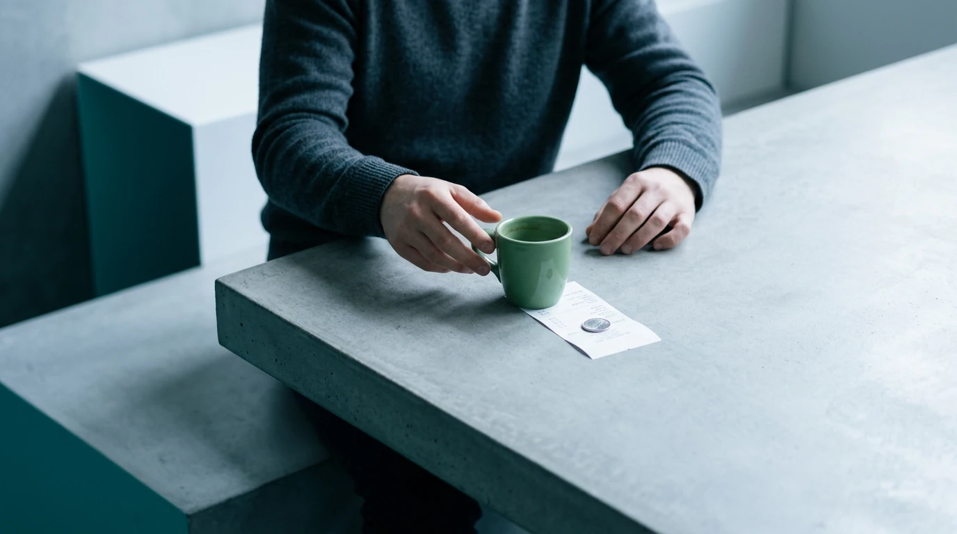 A person's hand hovering over a green coffee mug and a white receipt with a silver coin, illustrating cognitive biases in daily economic decisions.