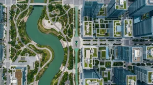 Aerial view of a city park with a winding green river next to modern financial buildings with green rooftops, a person on a green bike path, symbolizing economic resilience.