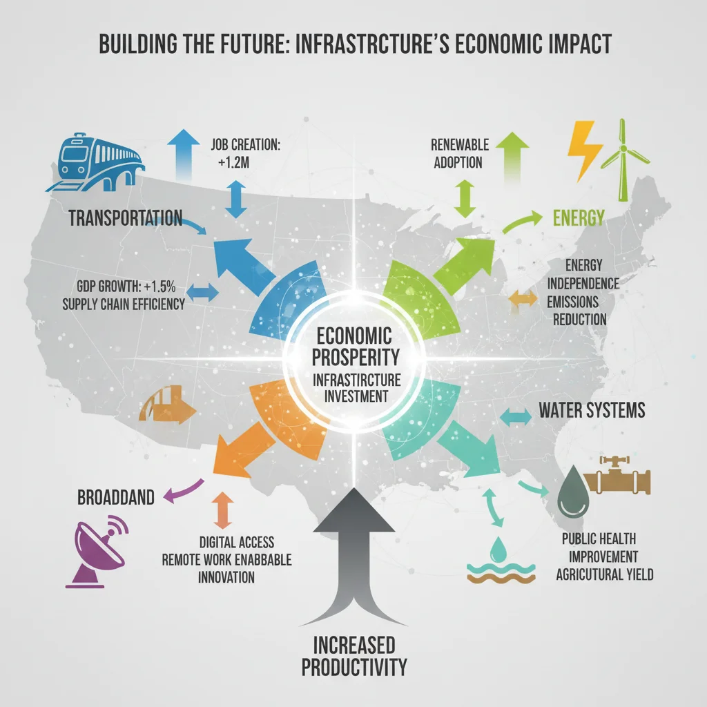 Infographic showing economic impacts of infrastructure investment across transportation, energy, and digital sectors.