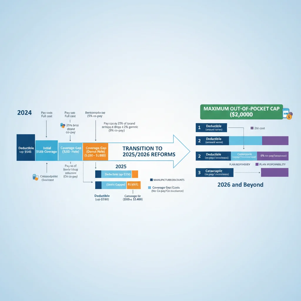 Infographic explaining Medicare Part D coverage phases and upcoming 2026 changes to cost-sharing.