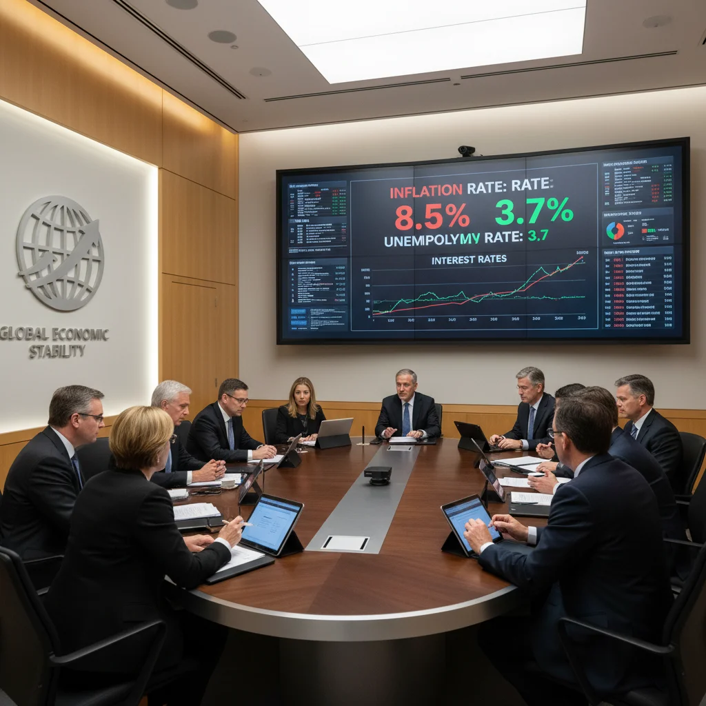 Central bank officials discussing economic data and monetary policy decisions in a meeting room