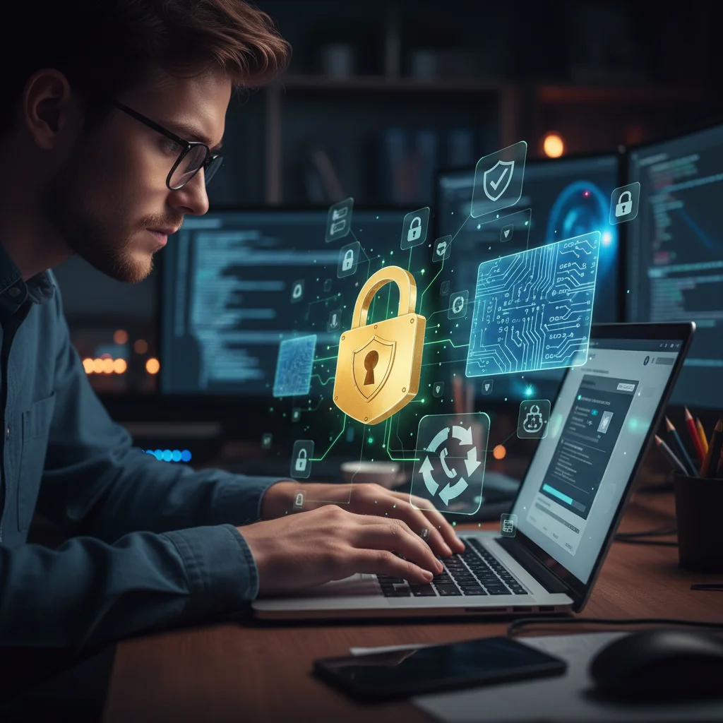 Person implementing multi-factor authentication and strong security on laptop