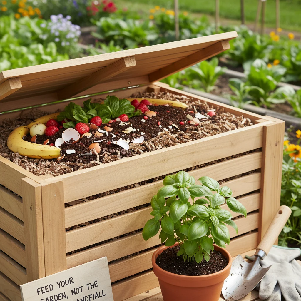 Compost bin with organic waste for gardening