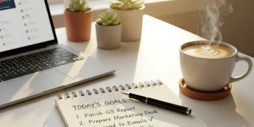Organized desk with a focused professional managing a comprehensive to-do list