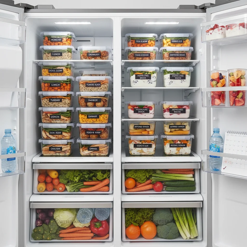 Refrigerator with labeled meal prep containers
