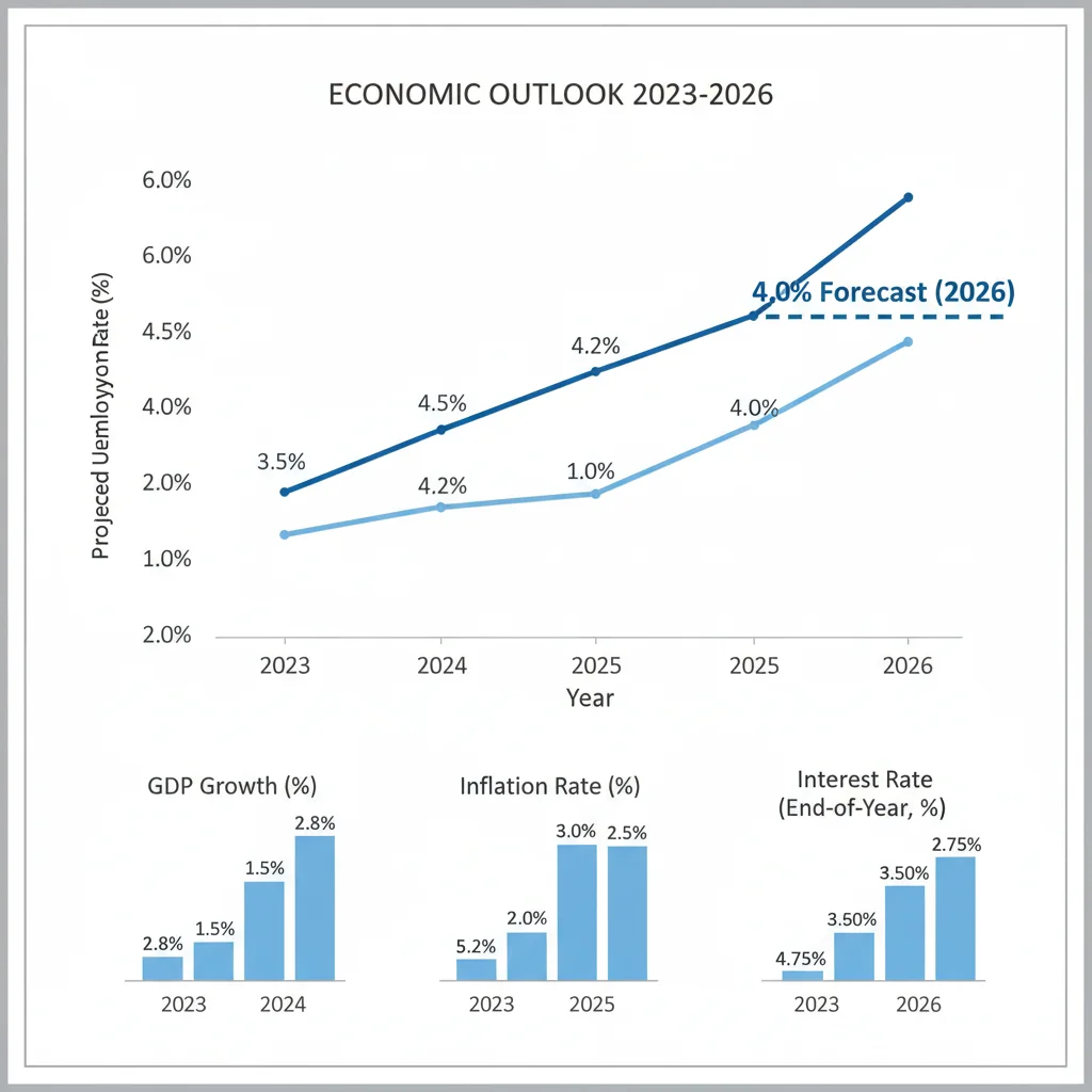 Projected U.S. unemployment rate chart showing a 4.0% forecast for 2026 with economic indicators.