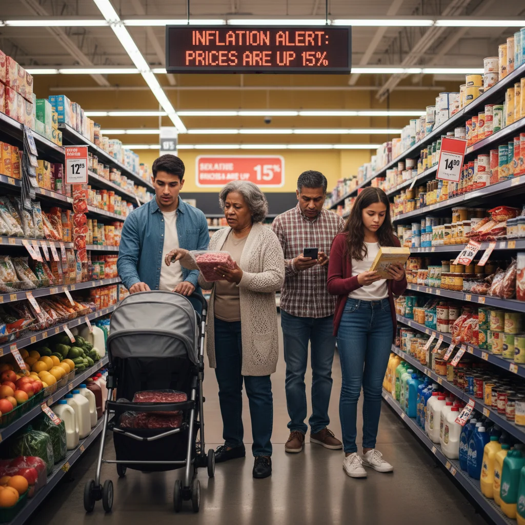 Consumers examining high price tags in a grocery store, reflecting inflation.