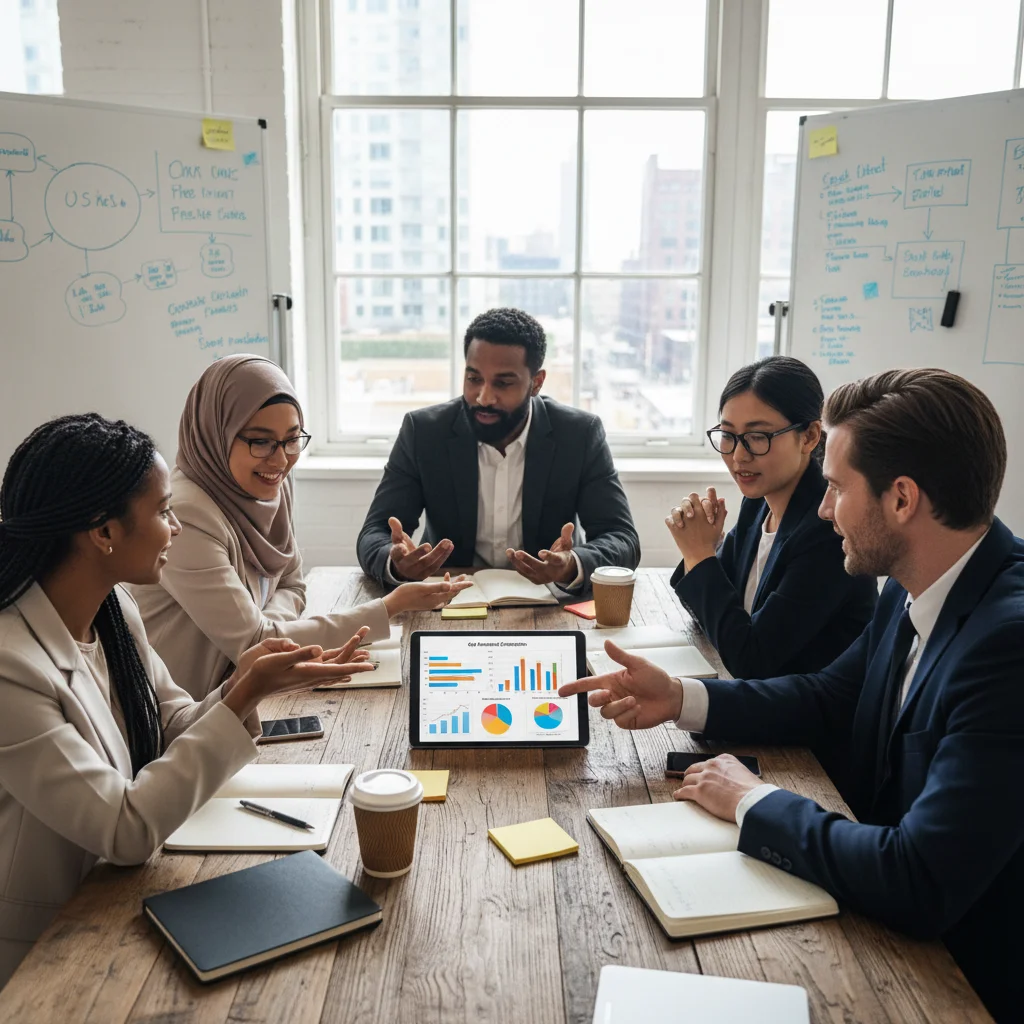 Entrepreneurs collaborating on strategic partnerships for market entry