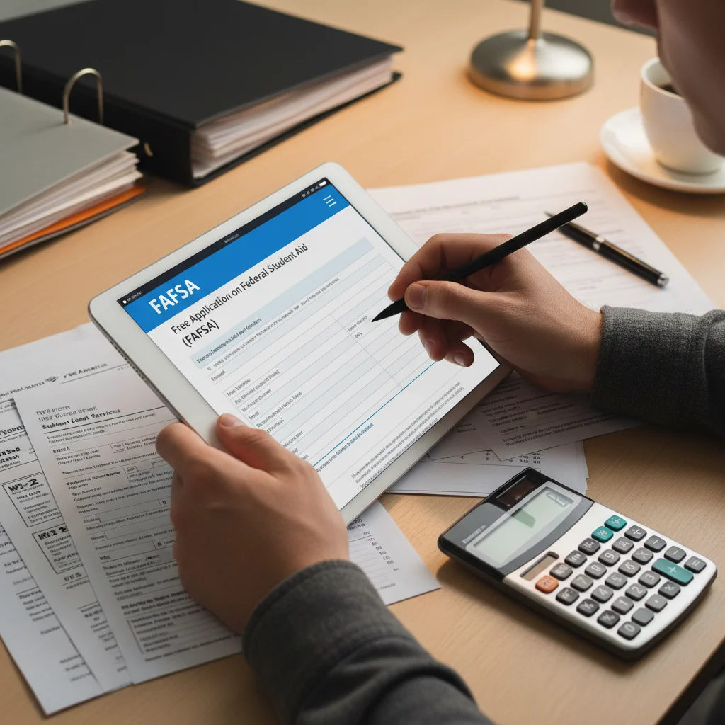 Person meticulously filling out FAFSA application form with financial documents