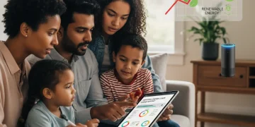 Family discussing energy bill with smart home device
