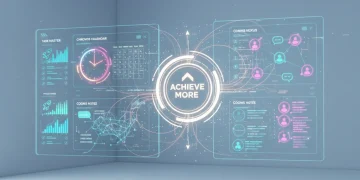 Futuristic digital dashboard with glowing productivity app icons