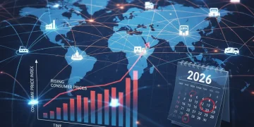 Global supply chain network with rising price charts and 2026 calendar, symbolizing economic impact.