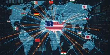 Global trade map with US focus, symbolizing future trade agreements and economic connections