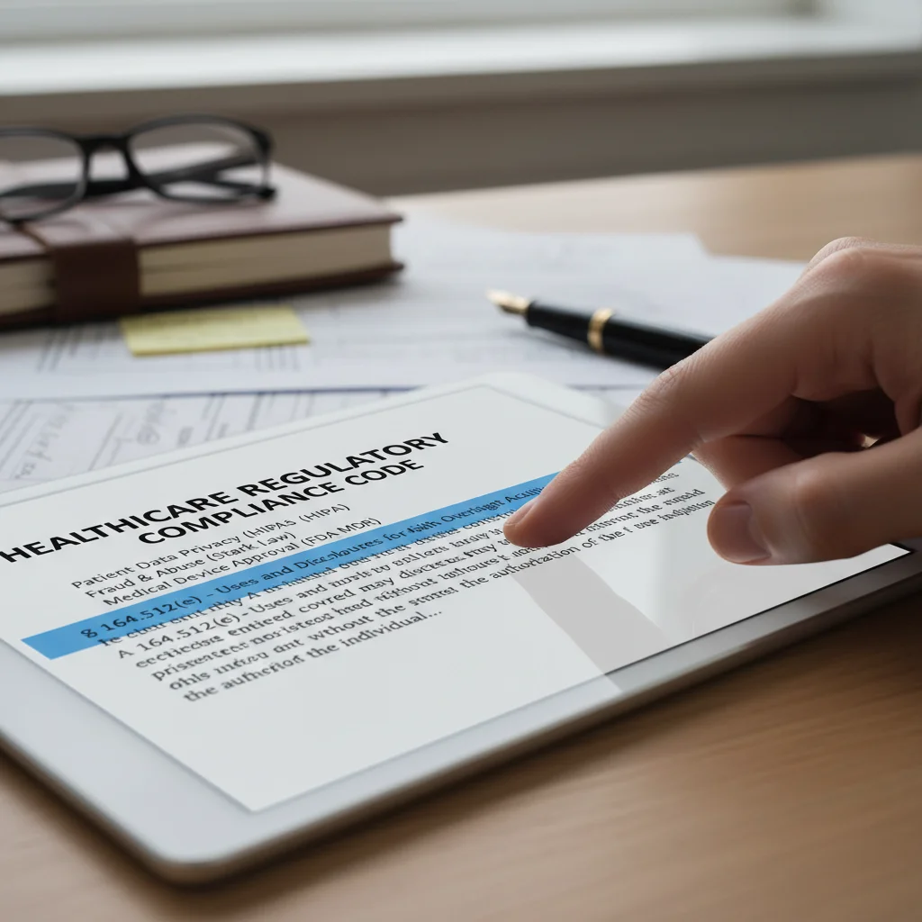 Hand highlighting crucial healthcare regulation text on tablet