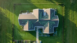 Aerial view of a futuristic modular smart home with glowing green energy patterns on its roof, surrounded by a lawn with embedded sensors, symbolizing autonomous living and predictive environments.