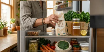 Person's hands placing oat milk into a refrigerator filled with eco-friendly products, illustrating how small consumer choices create larger market trends.