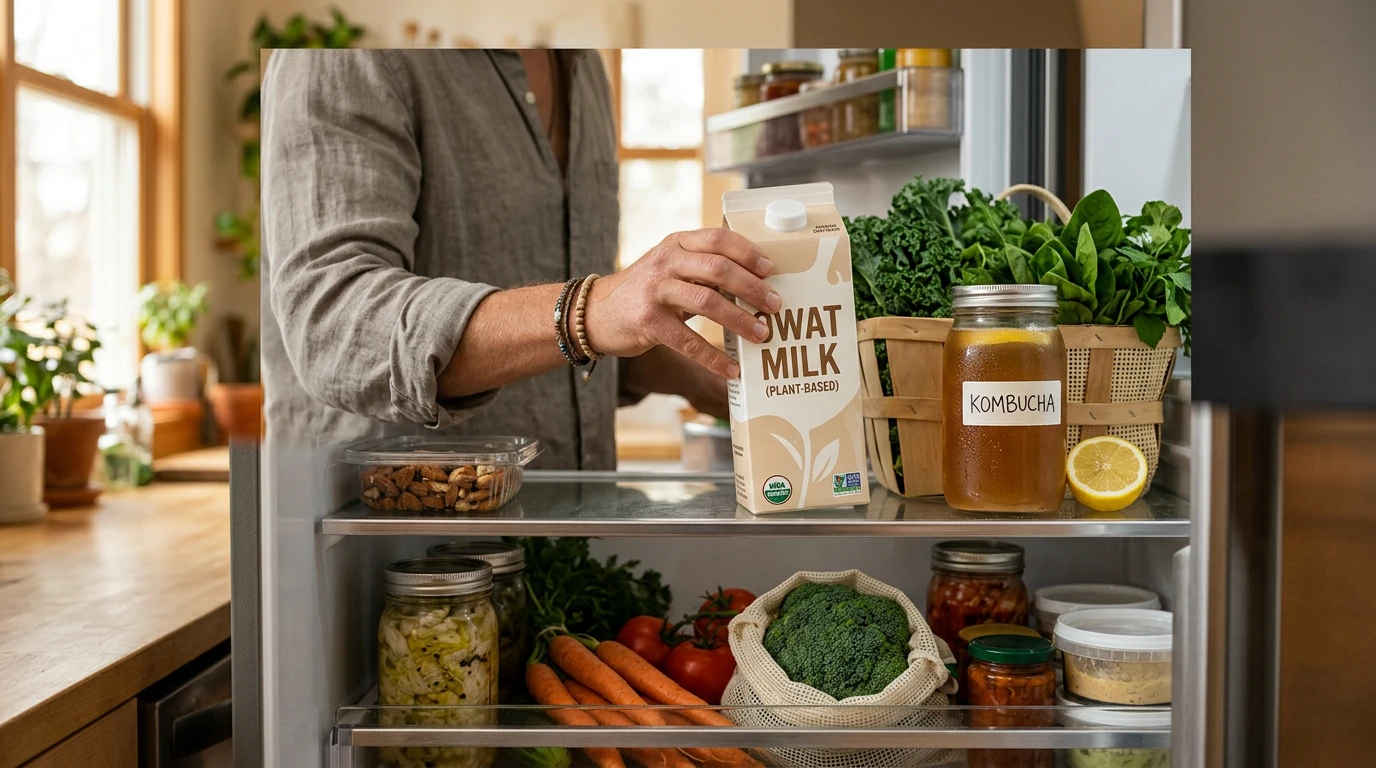 Person's hands placing oat milk into a refrigerator filled with eco-friendly products, illustrating how small consumer choices create larger market trends.