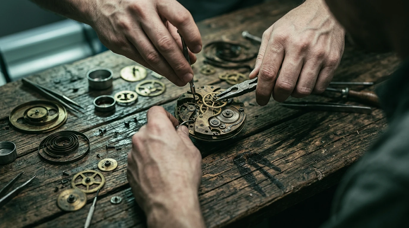 A person's hands meticulously disassembling an old clockwork mechanism, symbolizing the shift from quick fixes to systemic re-engineering of daily routines for peak performance.