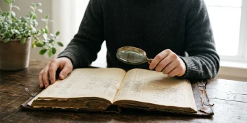 A person examining a vintage ledger with a magnifying glass, illustrating critical thinking about inflation's impact on debt.