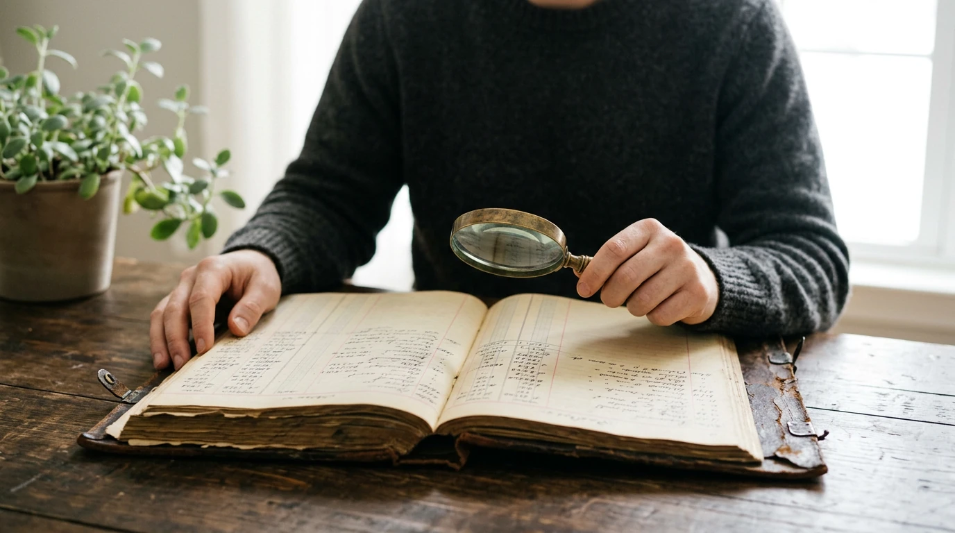 A person examining a vintage ledger with a magnifying glass, illustrating critical thinking about inflation's impact on debt.