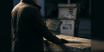 A person observing energy market data on a tablet, with a gas pump in the background, illustrating the impact of geopolitics on personal finance and energy prices.