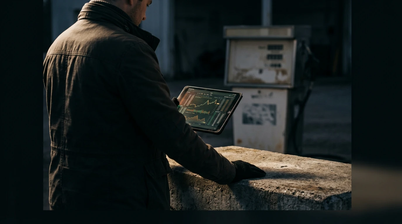 A person observing energy market data on a tablet, with a gas pump in the background, illustrating the impact of geopolitics on personal finance and energy prices.