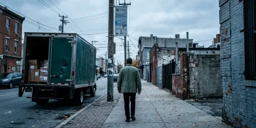 Person in a green jacket walking past a delivery truck and municipal posters in an urban area, symbolizing local economic policy changes and global supply chain impacts.