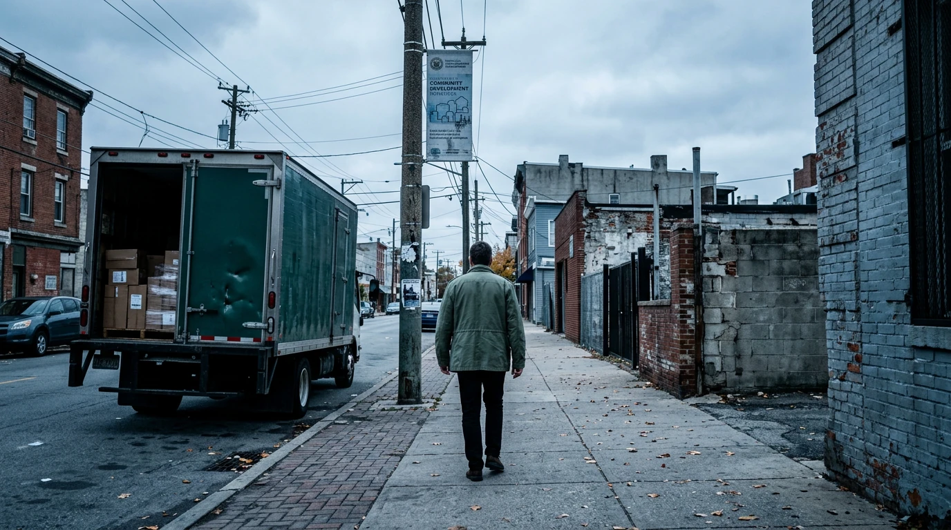 Person in a green jacket walking past a delivery truck and municipal posters in an urban area, symbolizing local economic policy changes and global supply chain impacts.