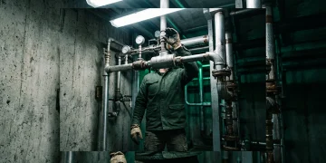 A person in a green utility jacket adjusts complex industrial pipes, symbolizing the systemic shift in sustainable living beyond simple recycling, emphasizing consumer demand for eco-conscious practices.