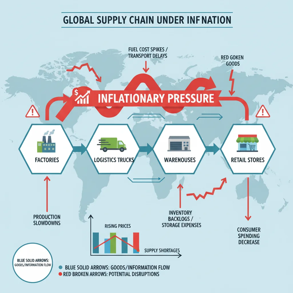 Complex global supply chain network with factories, trucks, and warehouses, illustrating potential inflation impacts.