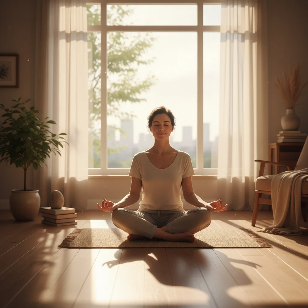 Person meditating calmly in morning light for stress reduction