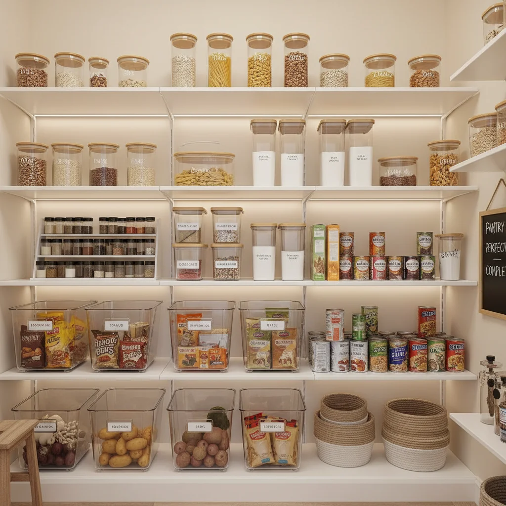 Neatly organized pantry with labeled containers