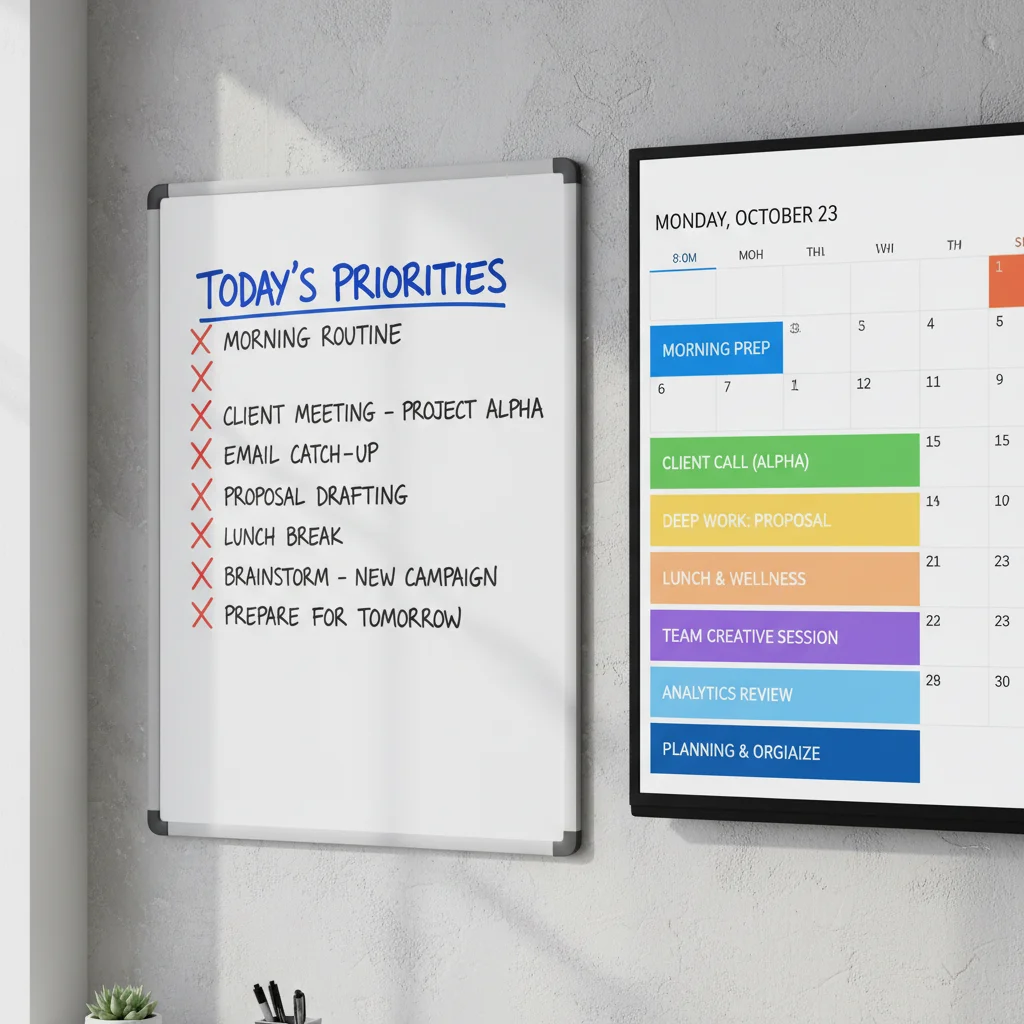 Whiteboard checklist and digital calendar for organized morning planning