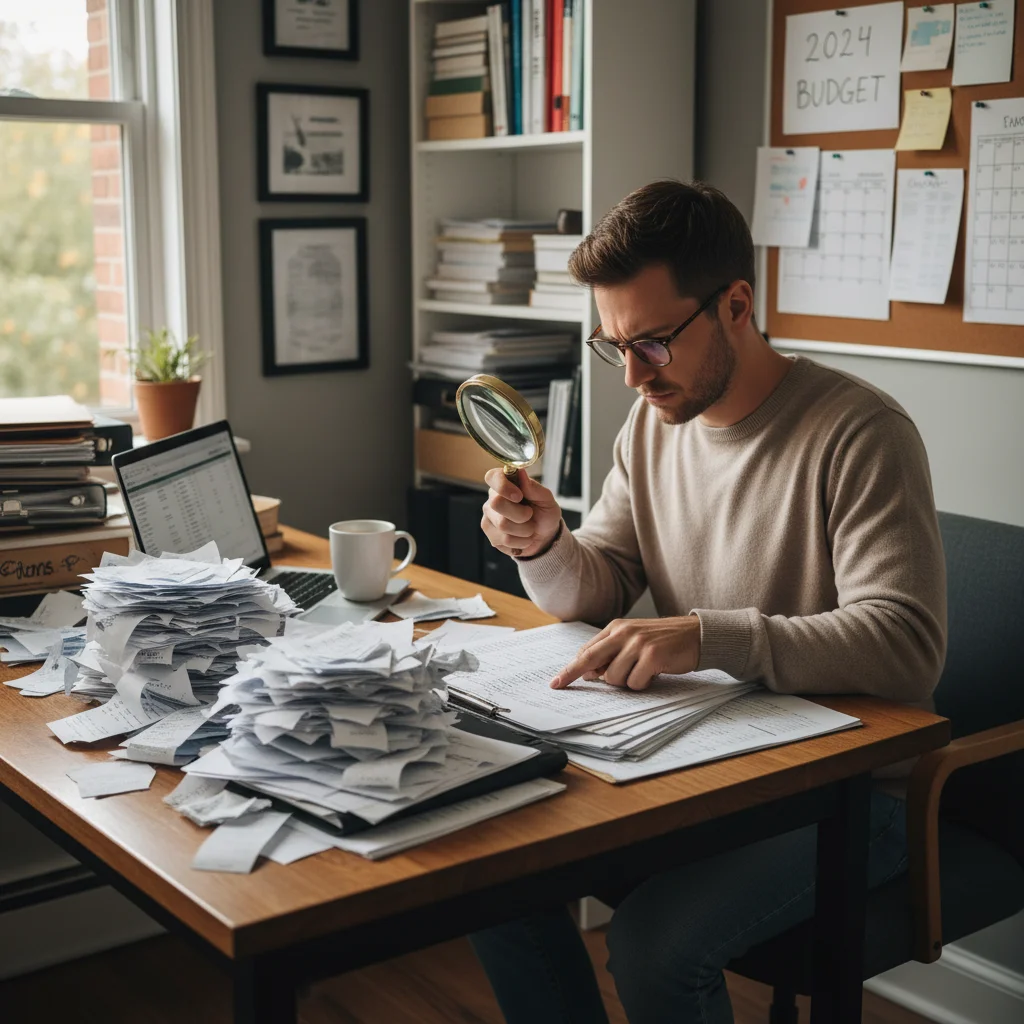 Person meticulously reviewing receipts and financial statements for tax deductions.