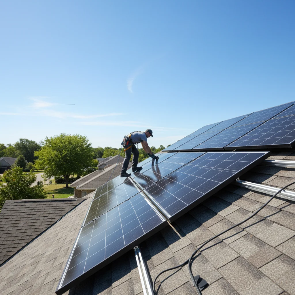Homeowner installing solar panels on roof