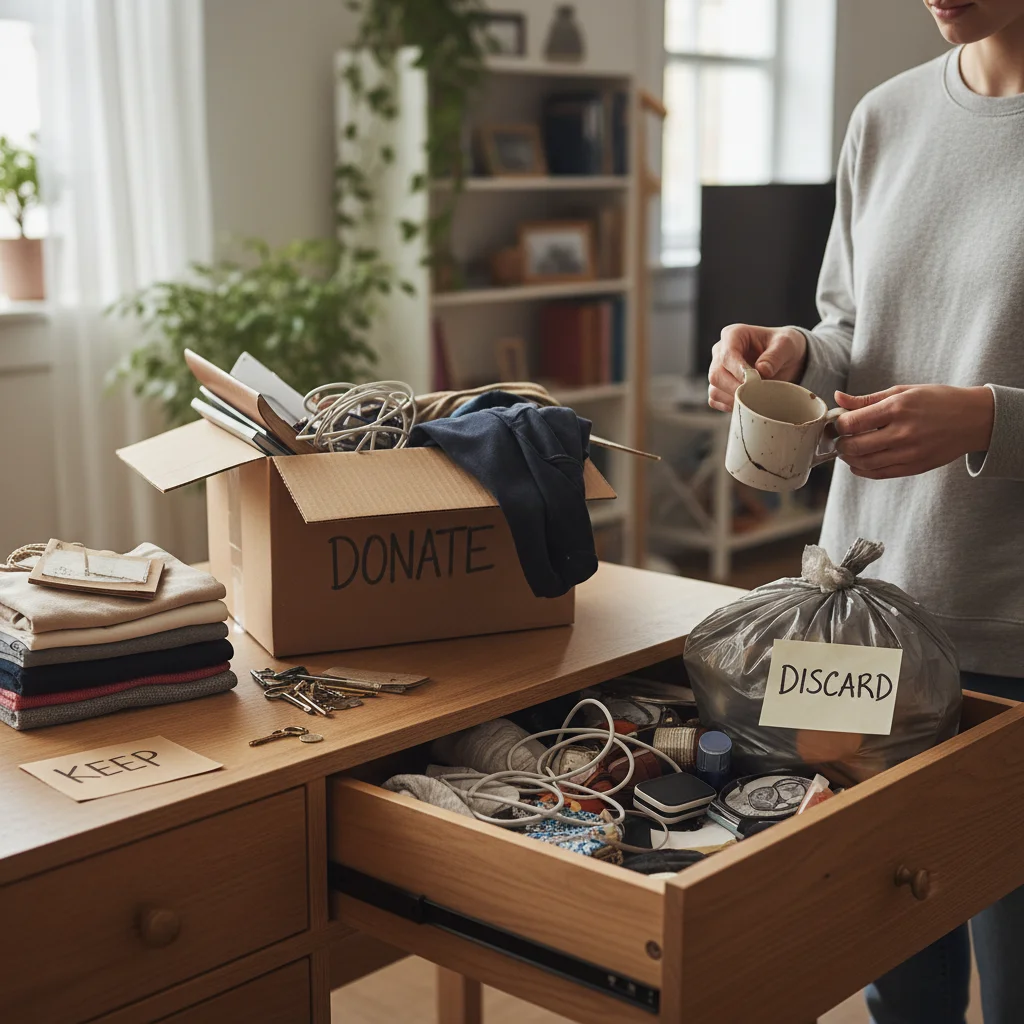 Person sorting items into keep, donate, discard piles