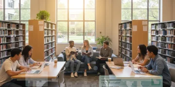 Students researching federal student aid applications on laptops in a library